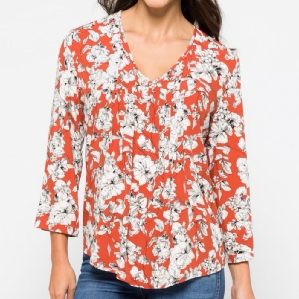 Orange Relaxed Pleated Blouse with Three-Quarter Sleeves -‎ XS / S